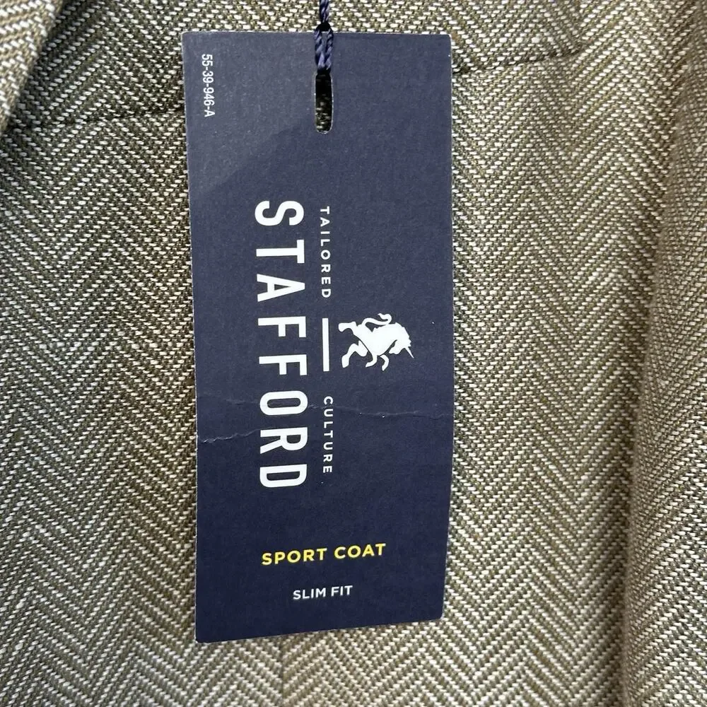 Stafford Men’s Taupe Herringbone Slim Fit Linen Wool Sports Coat Blazer Size 40L
